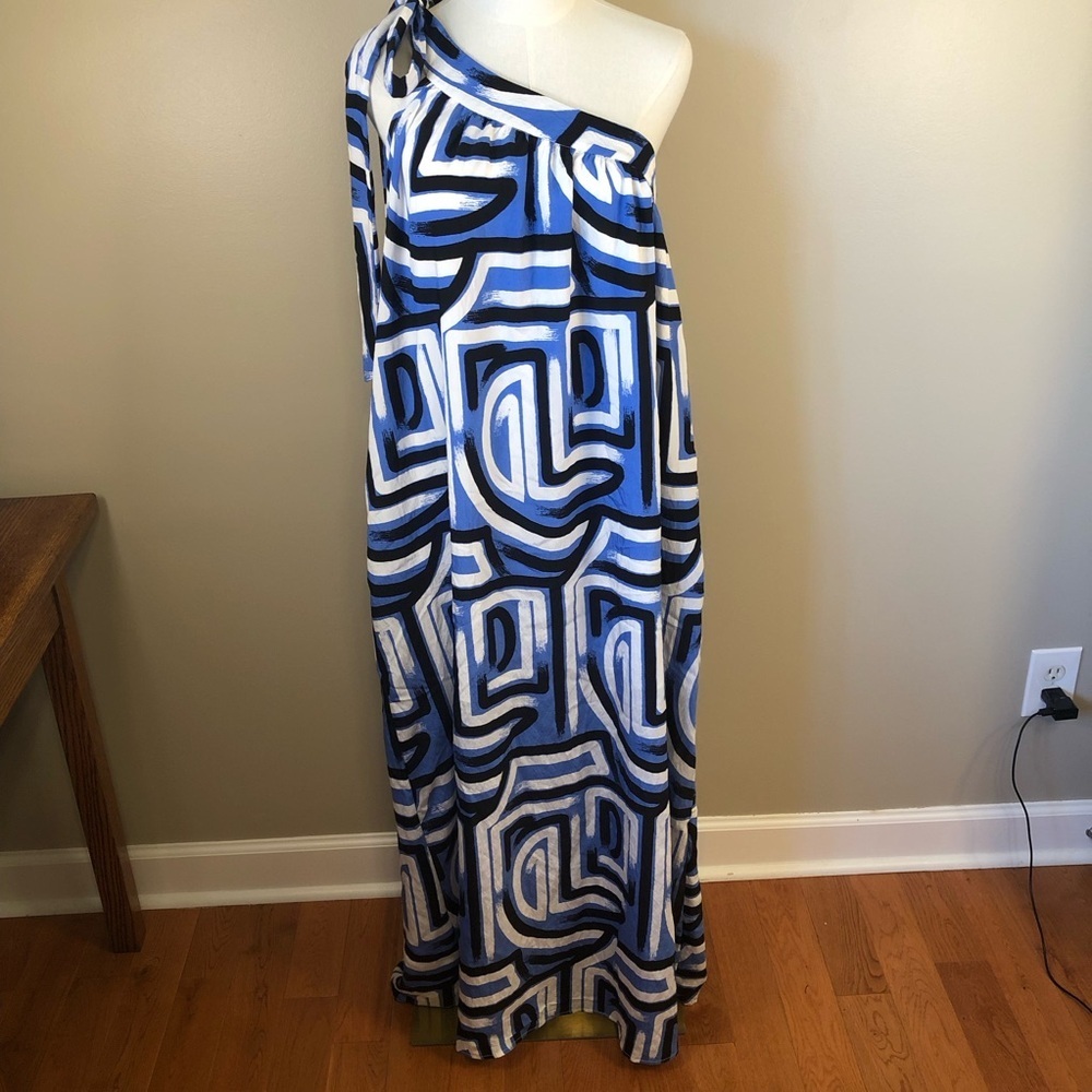 NWT Periwinkle Collection Trunk Bay Blue, White, Black One Shoulder Dress Size L - Picture 1 of 6